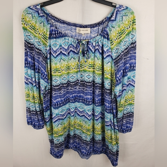 Jones New York Women's Blue & Green 3/4th Sleeve Drawstring Closure Shirt Sz 1X - Picture 2 of 9